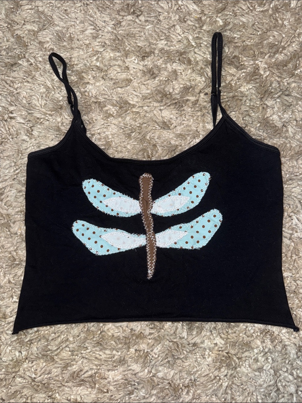 Upcycled Old Navy Fairycore Black Cami Crop Top Handmade Dragonfly Patch